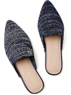 🆕 Women Blue Pointed Toe Flat Mules Tweed Knit Slip On Loafers Backless Shoes